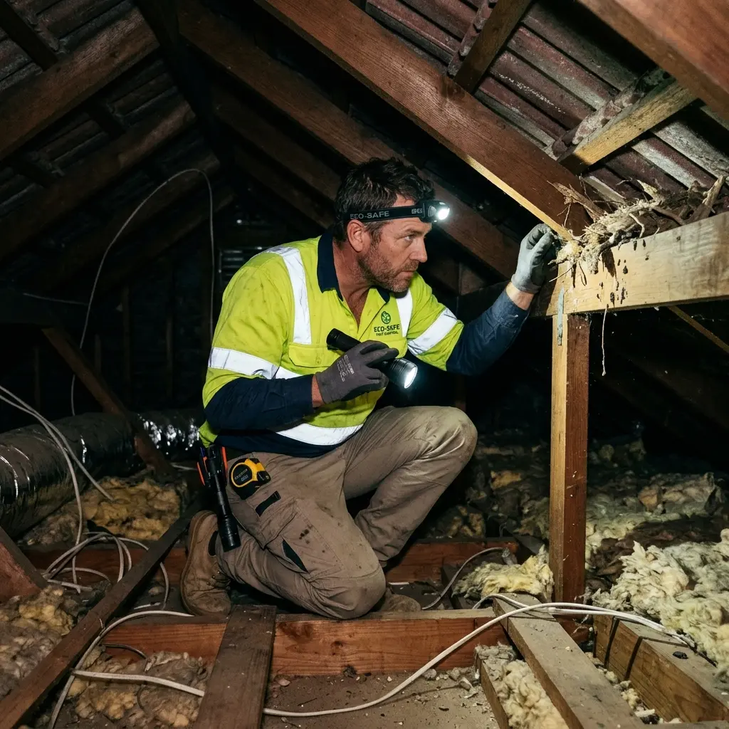 Technician inspecting a roof cavity for a dead animal in Maryknoll