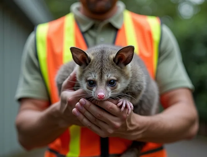 Animal handler safely recovering a deceased possum in Maryknoll