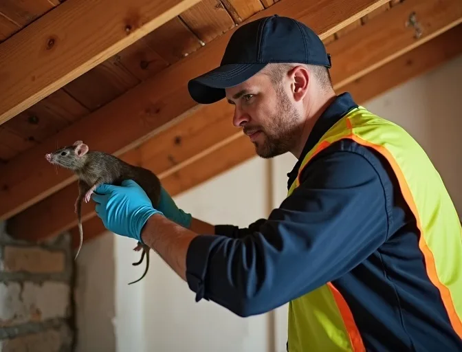 Technician inspecting a roof cavity for a dead rat in Maryknoll